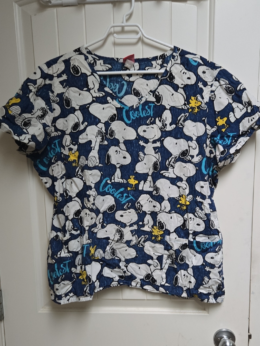 Snoopy & Woodstock Blue Cartoon Print Nurse Scrub Top Shirt Short Sleeve
